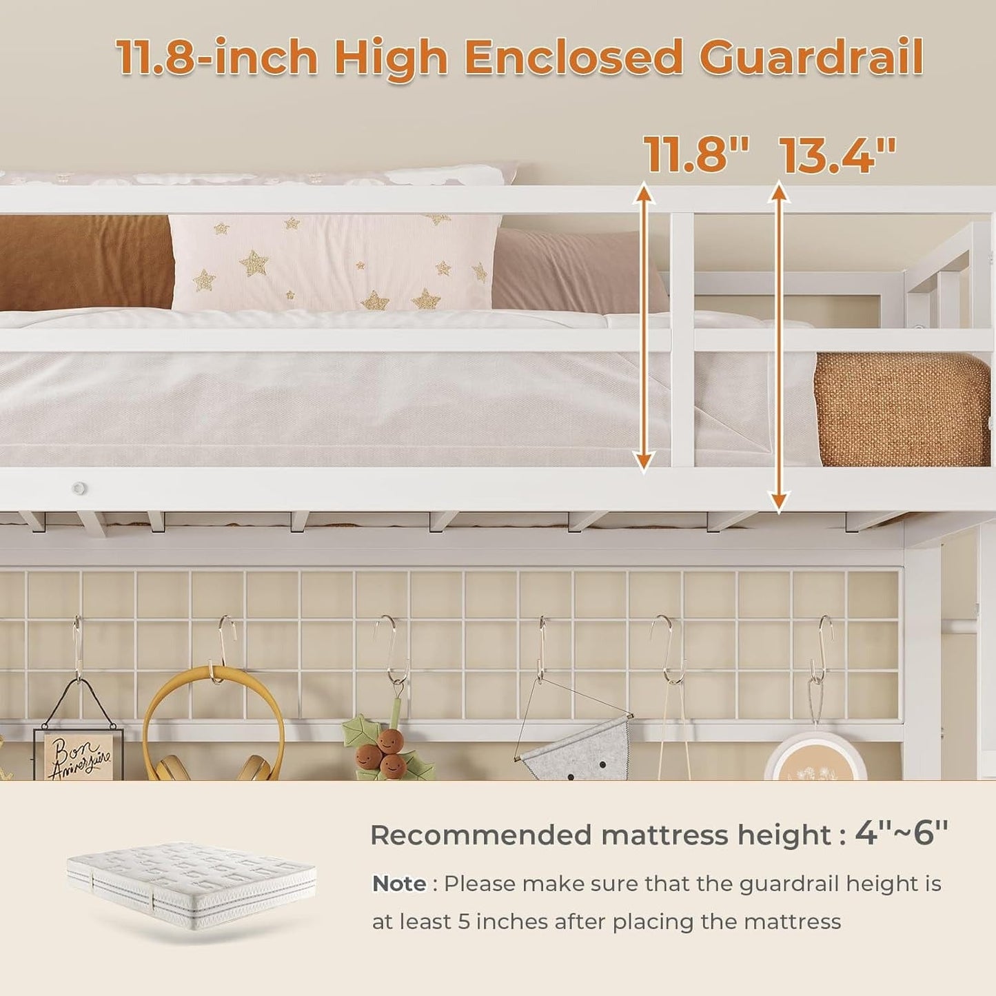 AOGLLATI Bed Frame White / Modern / Metal AOGLLATI Loft Metal LED Bed with L-Shaped Desk, Charging Station, No Box Spring Needed, White