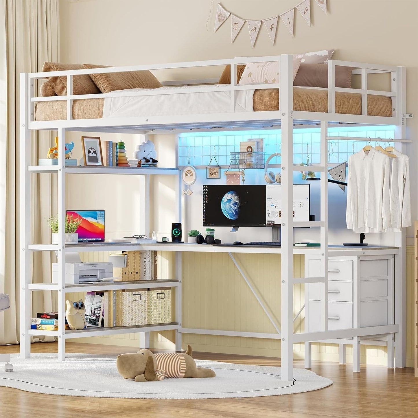 AOGLLATI Bed Frame White / Modern / Metal AOGLLATI Loft Metal LED Bed with L-Shaped Desk, Charging Station, No Box Spring Needed, White