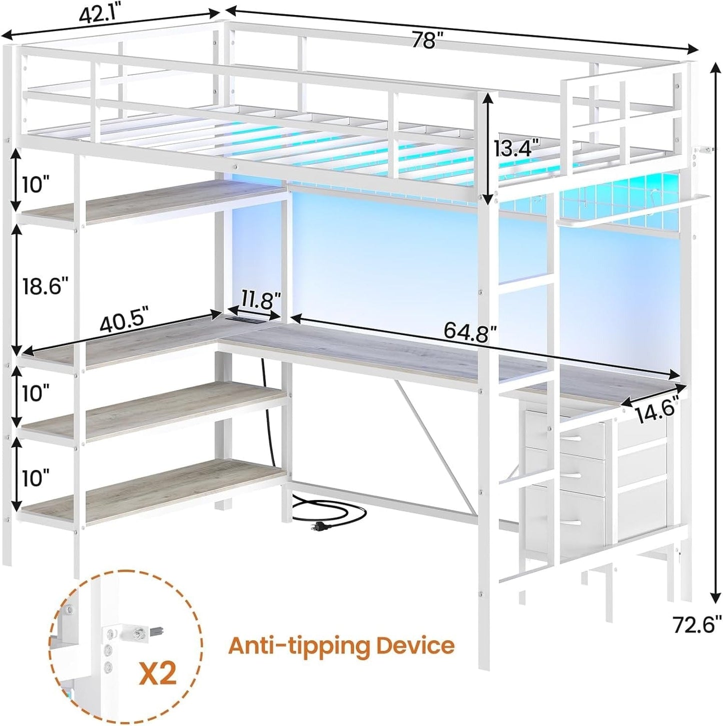 AOGLLATI Bed Frame White / Modern / Metal AOGLLATI Loft Metal LED Bed with L-Shaped Desk, Charging Station, No Box Spring Needed, White