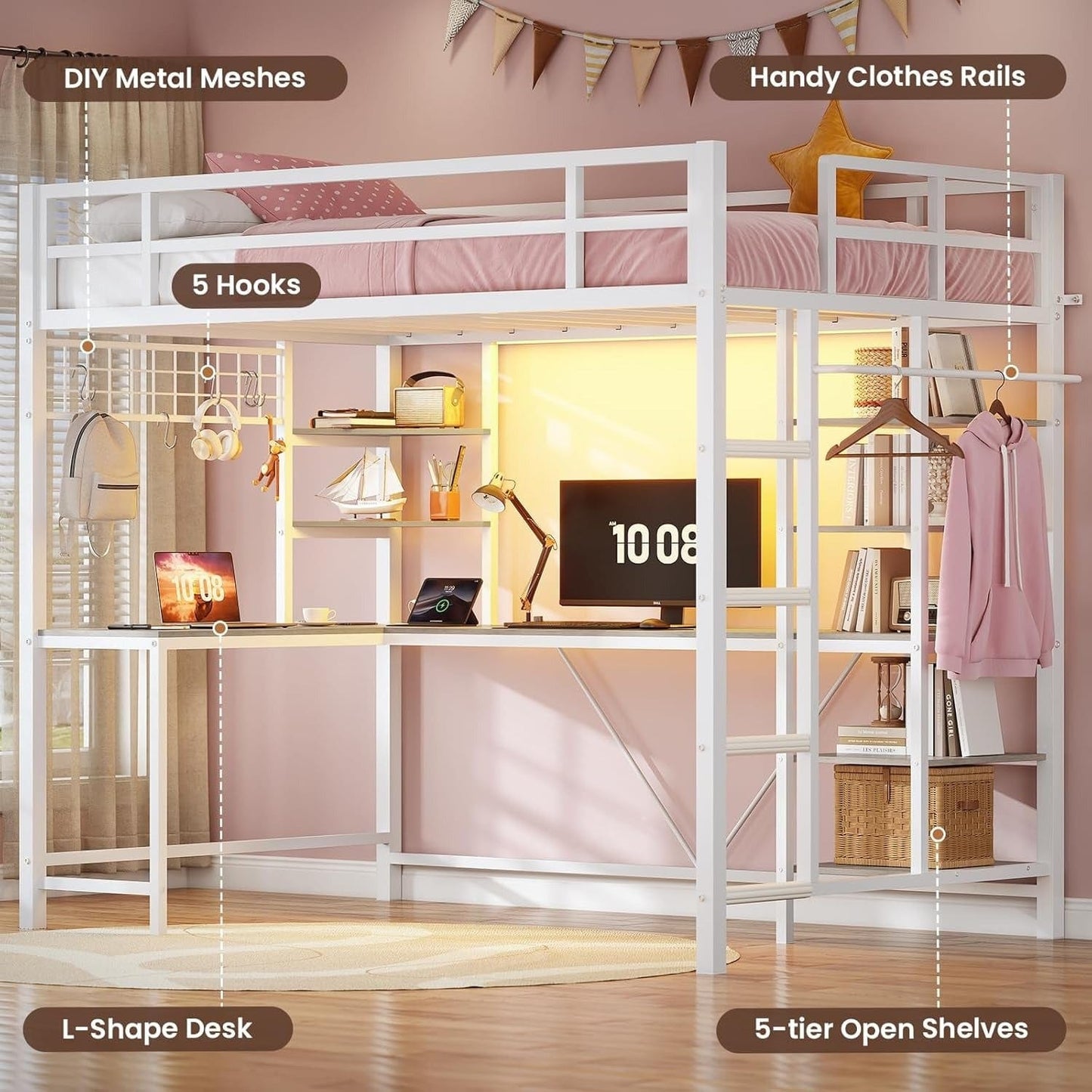 AOGLLATI Bed Frame White / Modern / Metal AOGLLATI Metal Loft Bed Twin Size with Charging Station, LED Lights, Storage Shelves, Clothing Rail, White