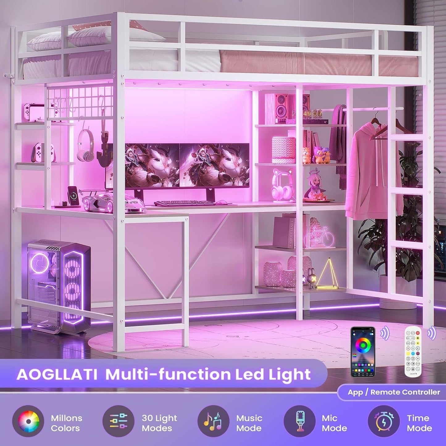 AOGLLATI Bed Frame White / Modern / Metal AOGLLATI Metal Loft Bed Twin Size with Charging Station, LED Lights, Storage Shelves, Clothing Rail, White