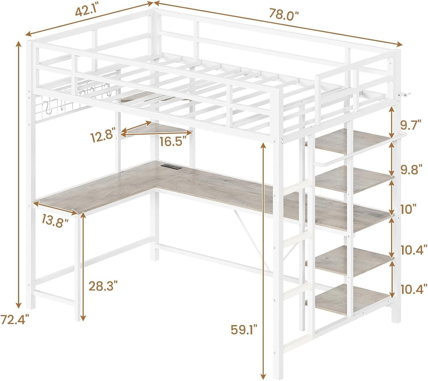 AOGLLATI Bed Frame White / Modern / Metal AOGLLATI Metal Loft Bed Twin Size with Charging Station, LED Lights, Storage Shelves, Clothing Rail, White