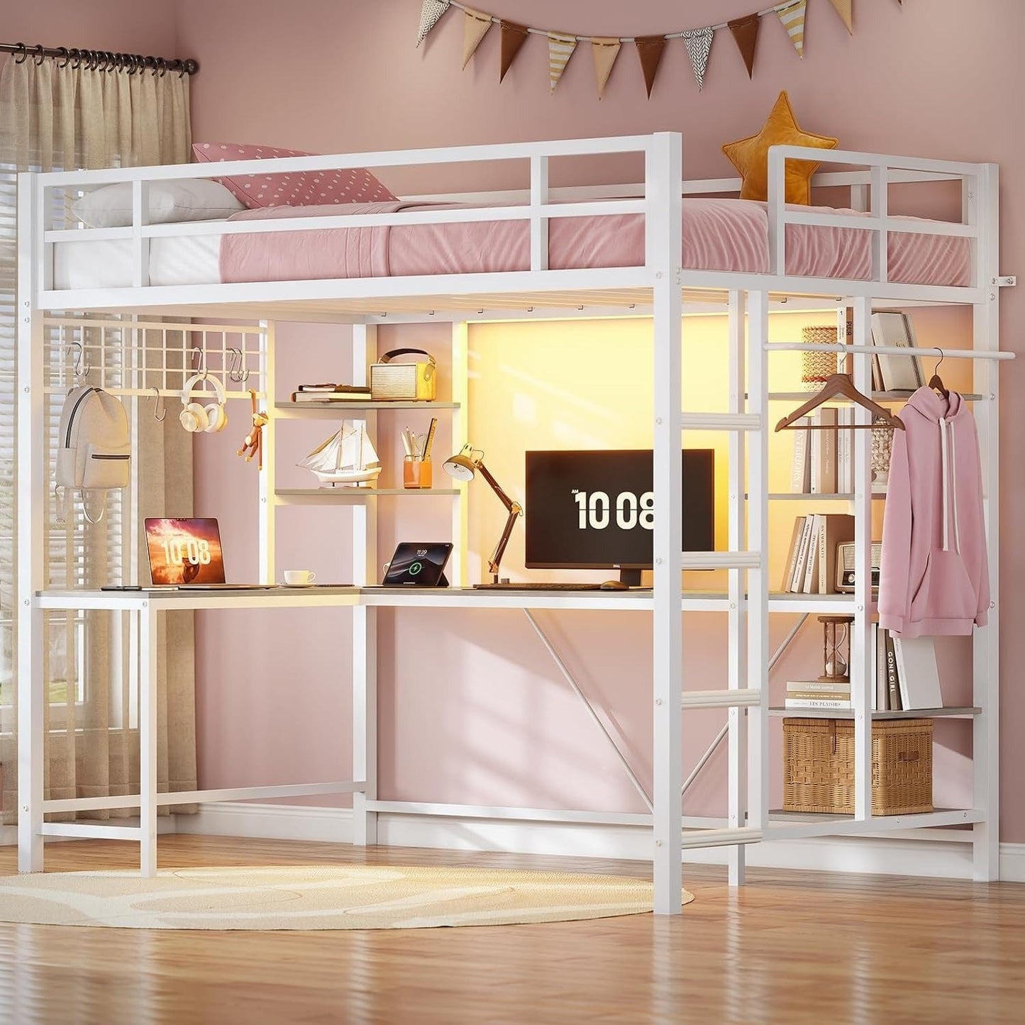 AOGLLATI Bed Frame White / Modern / Metal AOGLLATI Metal Loft Bed Twin Size with Charging Station, LED Lights, Storage Shelves, Clothing Rail, White