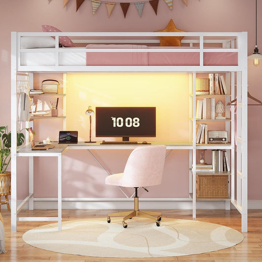 AOGLLATI Bed Frame White / Modern / Metal AOGLLATI Metal Loft Bed Twin Size with Charging Station, LED Lights, Storage Shelves, Clothing Rail, White