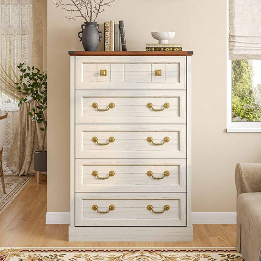 AOGLLATI Dresser Antique White / Engineered Wood / Modern Farmhouse Tall 5 Drawers Dresser for Bedroom Antique White