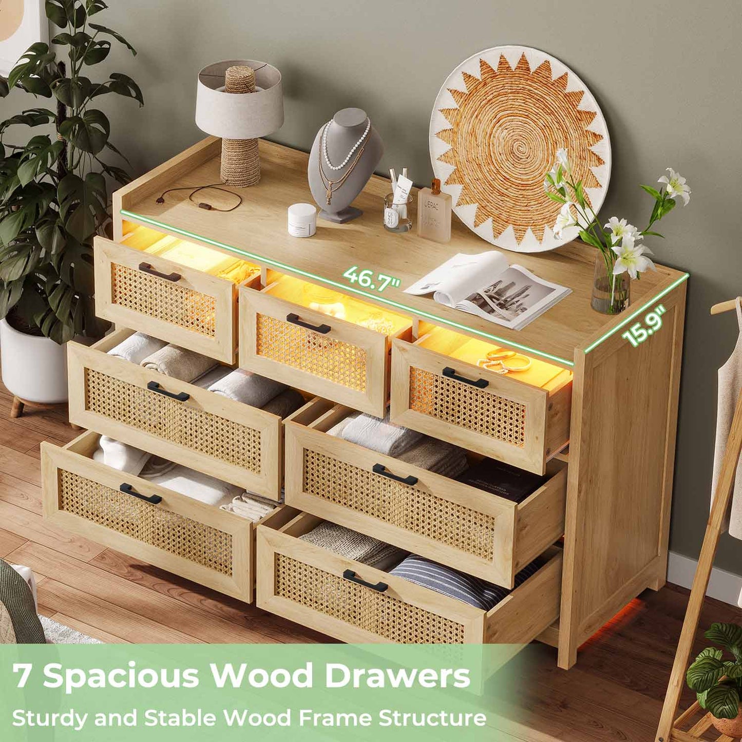 AOGLLATI Dresser Beige / Bohemian AOGLLATI Natural Rattan Dresser with Led Light