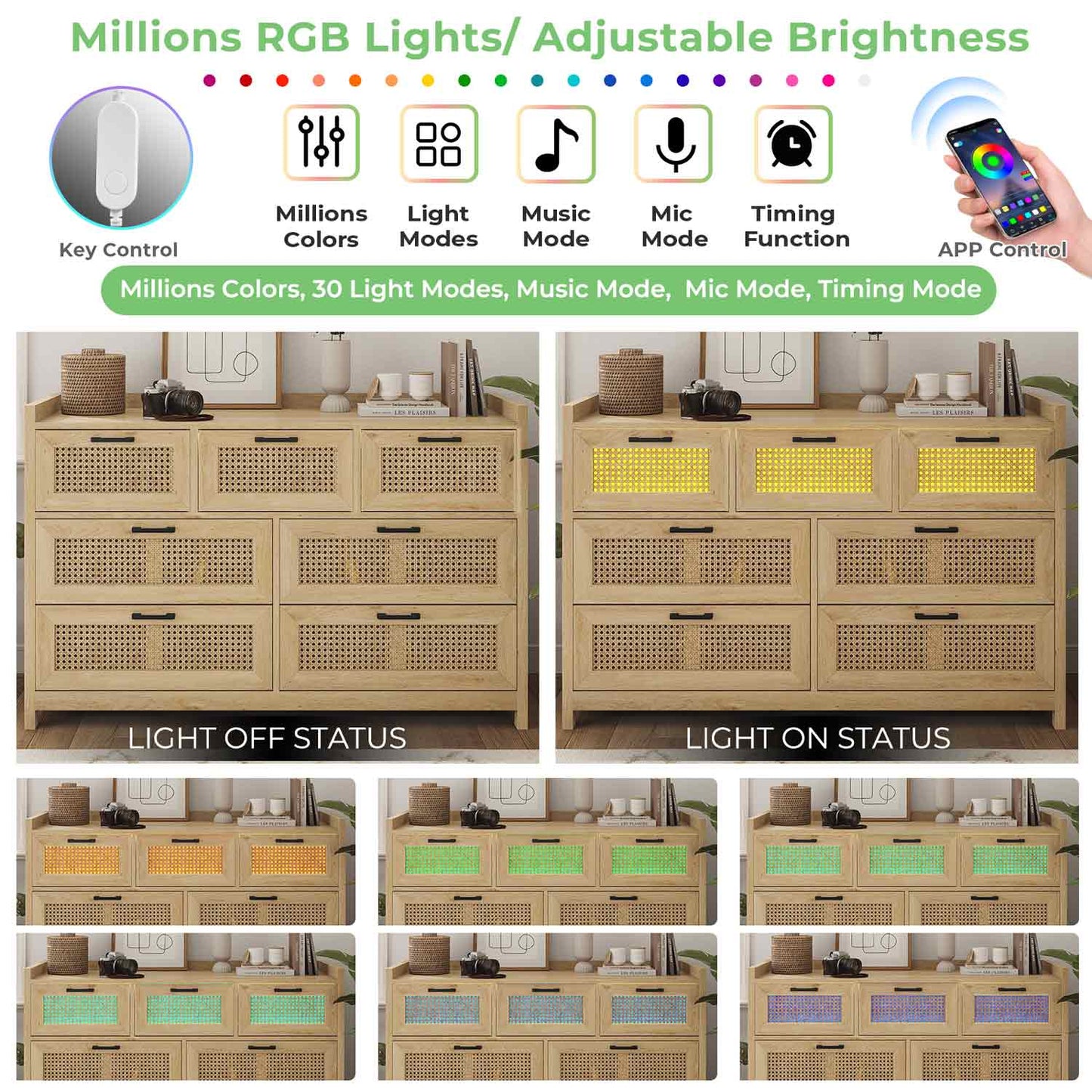 AOGLLATI Dresser Beige / Bohemian AOGLLATI Natural Rattan Dresser with Led Light