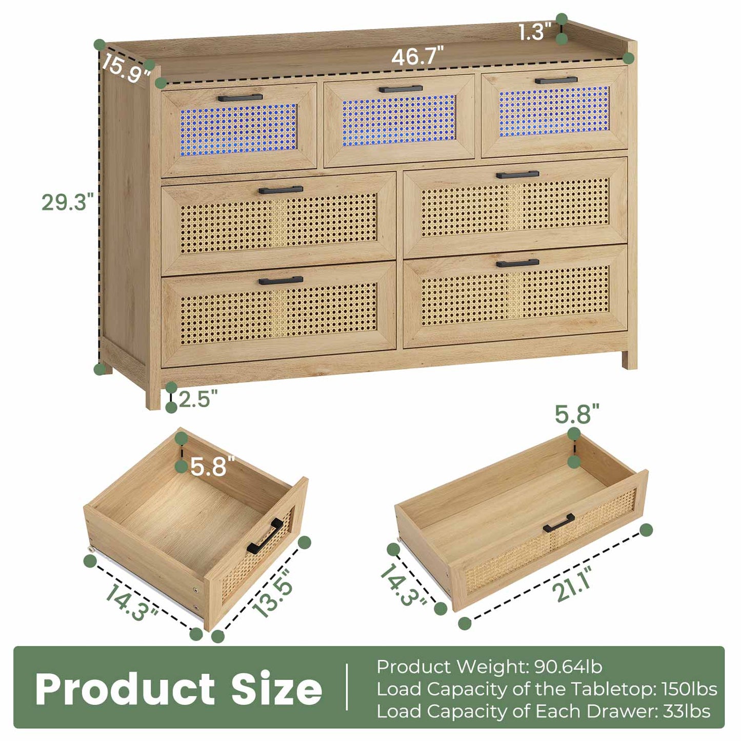 AOGLLATI Dresser Beige / Bohemian AOGLLATI Natural Rattan Dresser with Led Light