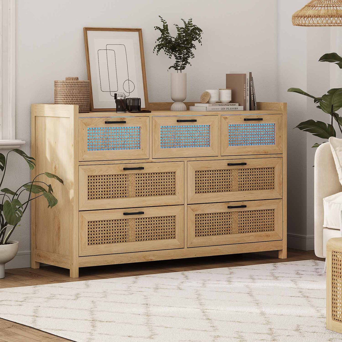 AOGLLATI Dresser Beige / Bohemian AOGLLATI Natural Rattan Dresser with Led Light