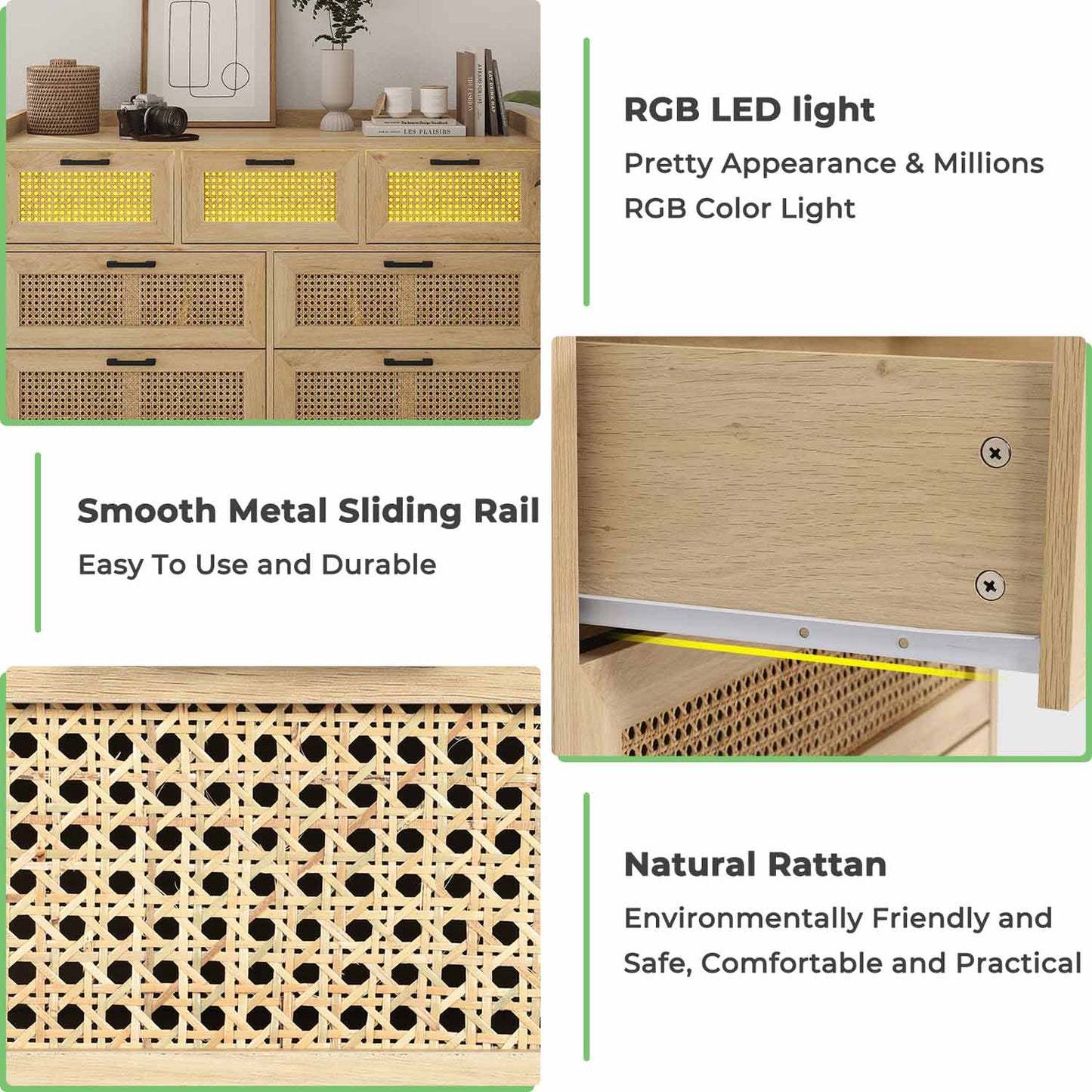 AOGLLATI Dresser Beige / Bohemian AOGLLATI Natural Rattan Dresser with Led Light