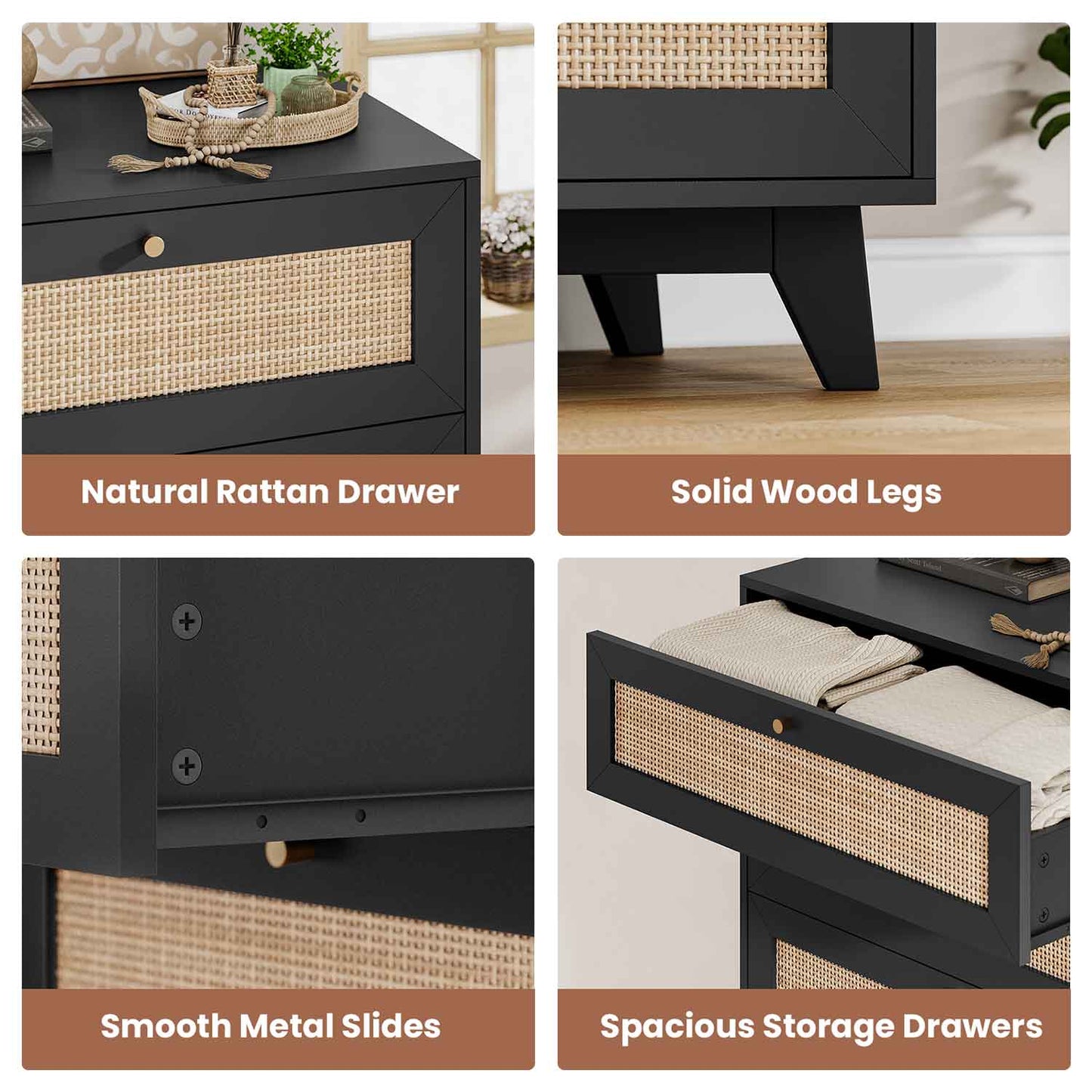 AOGLLATI Dresser Black / Engineered Wood / Bohemian AOGLLATI Black Rattan Dresser for Bedroom with 5 Drawer