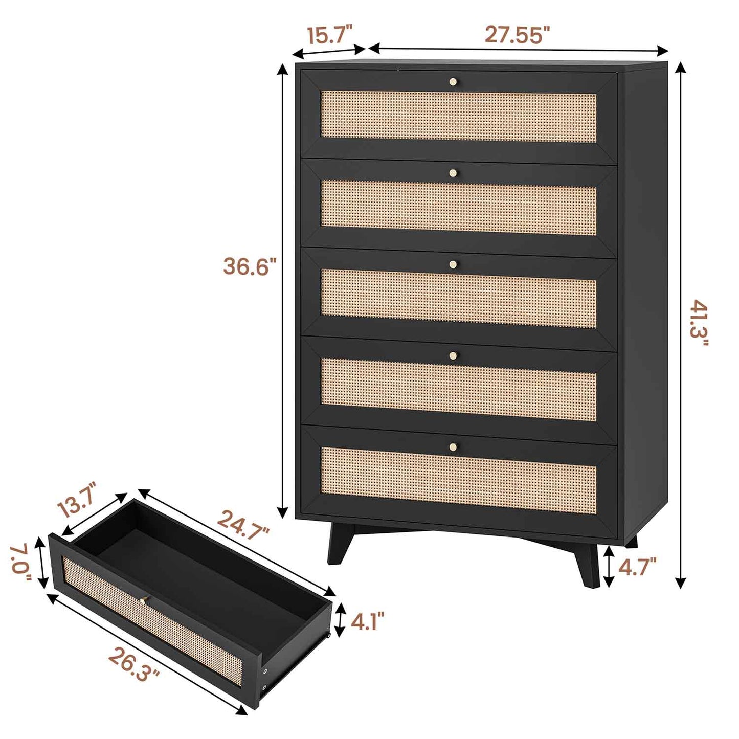 AOGLLATI Dresser Black / Engineered Wood / Bohemian AOGLLATI Black Rattan Dresser for Bedroom with 5 Drawer