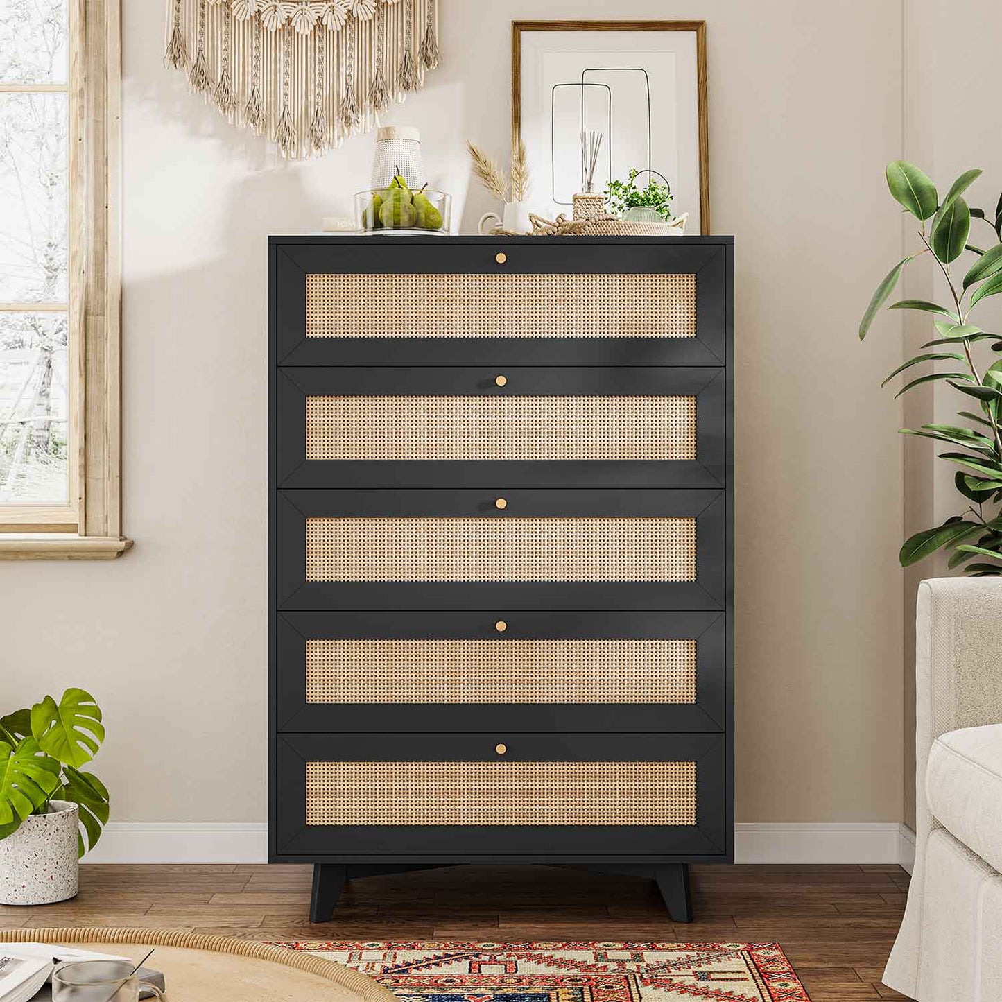 AOGLLATI Dresser Black / Engineered Wood / Bohemian AOGLLATI Black Rattan Dresser for Bedroom with 5 Drawer