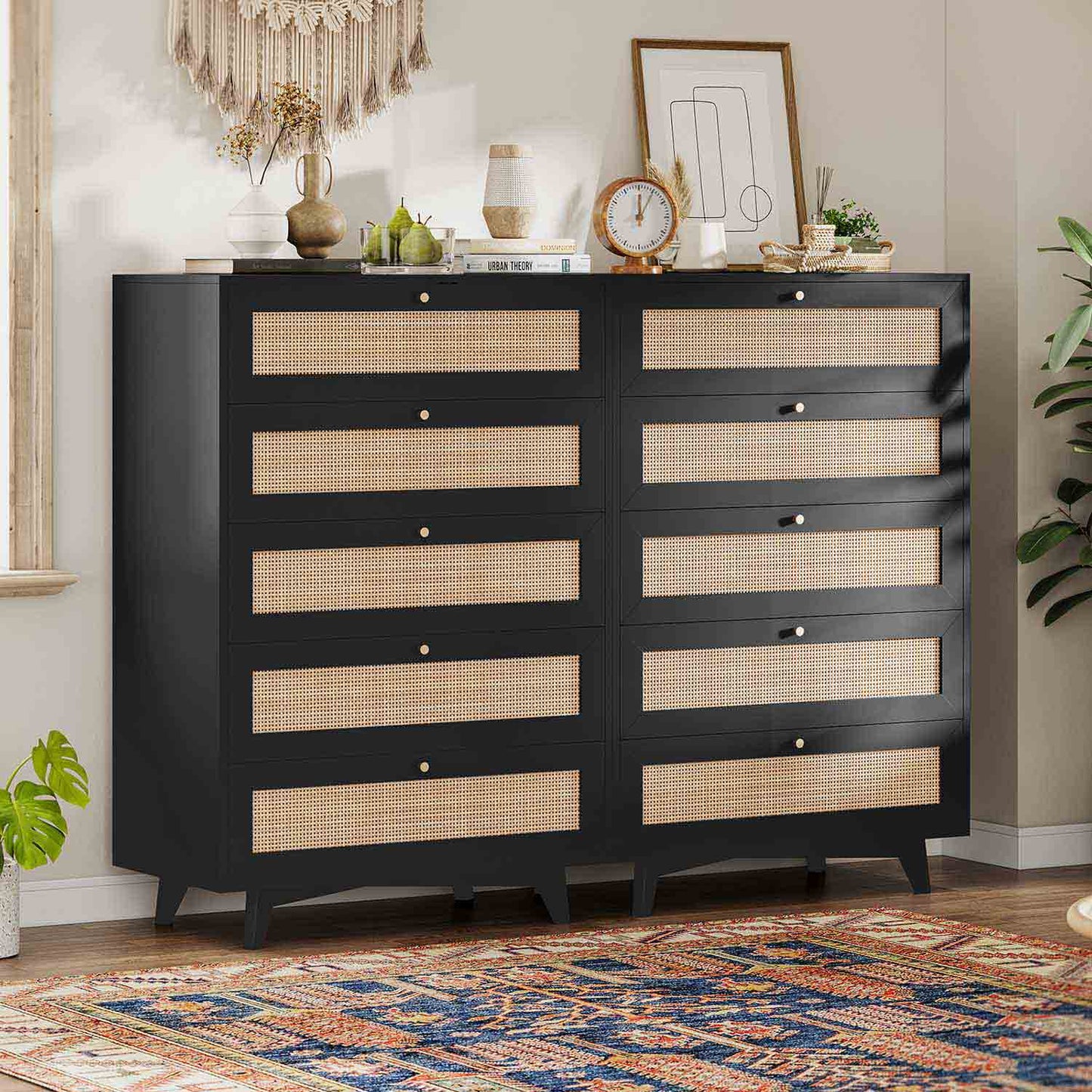 AOGLLATI Dresser Black / Engineered Wood / Bohemian AOGLLATI Black Rattan Dresser for Bedroom with 5 Drawer