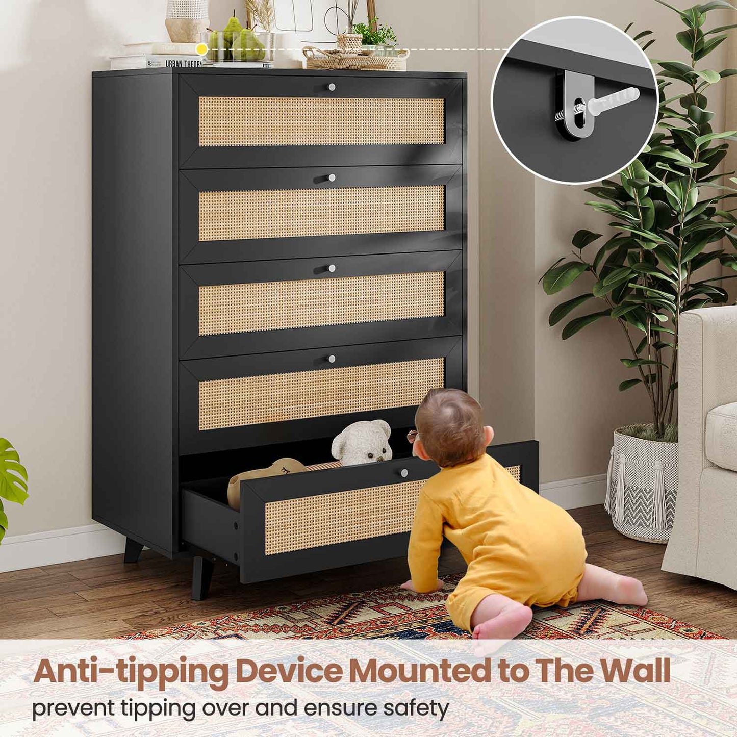 AOGLLATI Dresser Black / Engineered Wood / Bohemian AOGLLATI Black Rattan Dresser for Bedroom with 5 Drawer