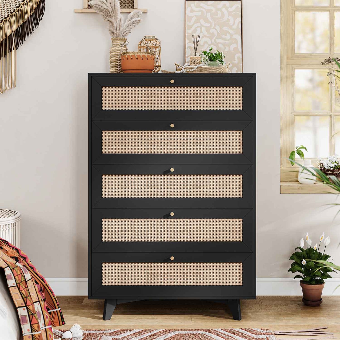 AOGLLATI Dresser Black / Engineered Wood / Bohemian AOGLLATI Black Rattan Dresser for Bedroom with 5 Drawer