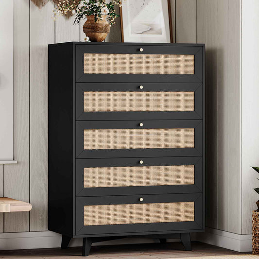 AOGLLATI Dresser Black / Engineered Wood / Bohemian AOGLLATI Black Rattan Dresser for Bedroom with 5 Drawer