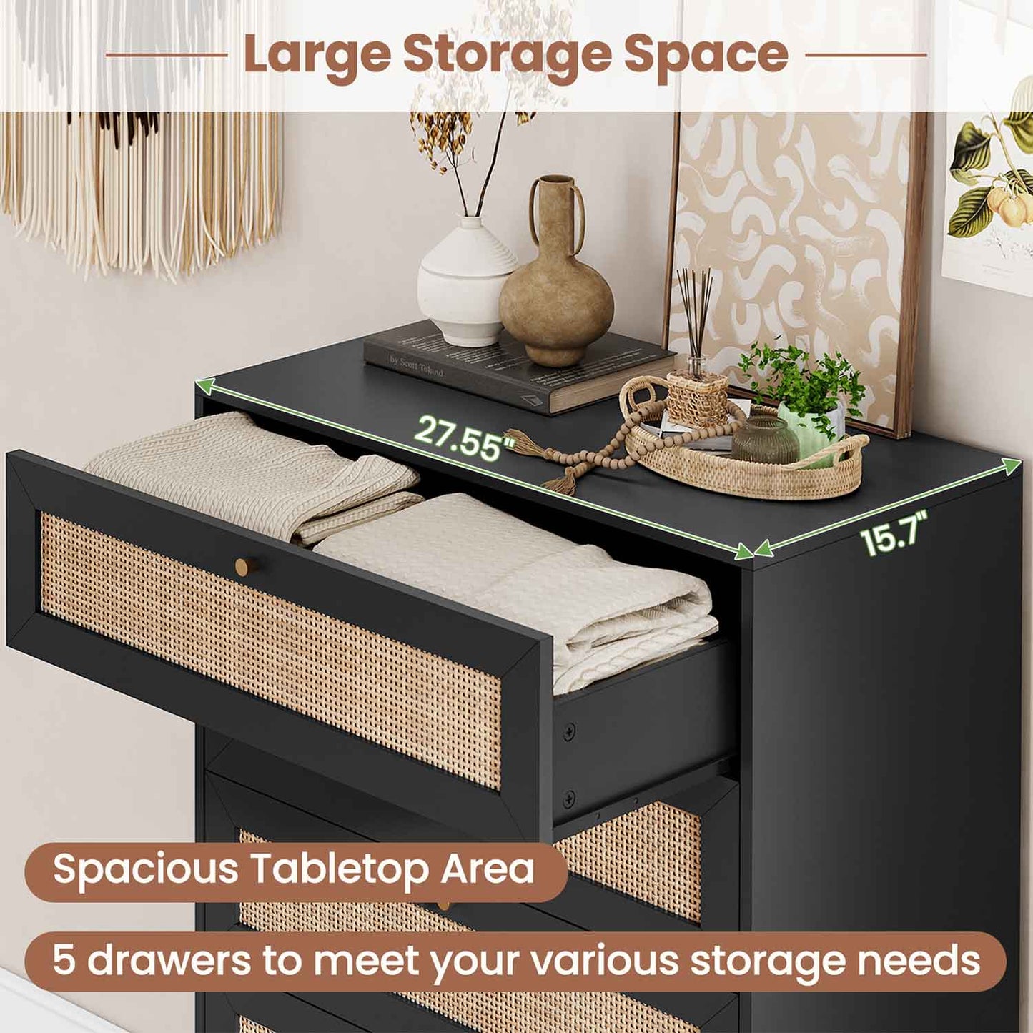 AOGLLATI Dresser Black / Engineered Wood / Bohemian AOGLLATI Black Rattan Dresser for Bedroom with 5 Drawer