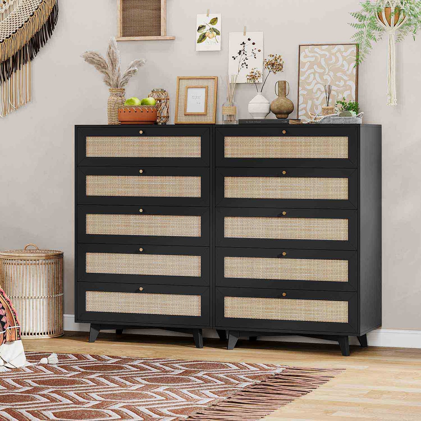 AOGLLATI Dresser Black / Engineered Wood / Bohemian AOGLLATI Black Rattan Dresser for Bedroom with 5 Drawer