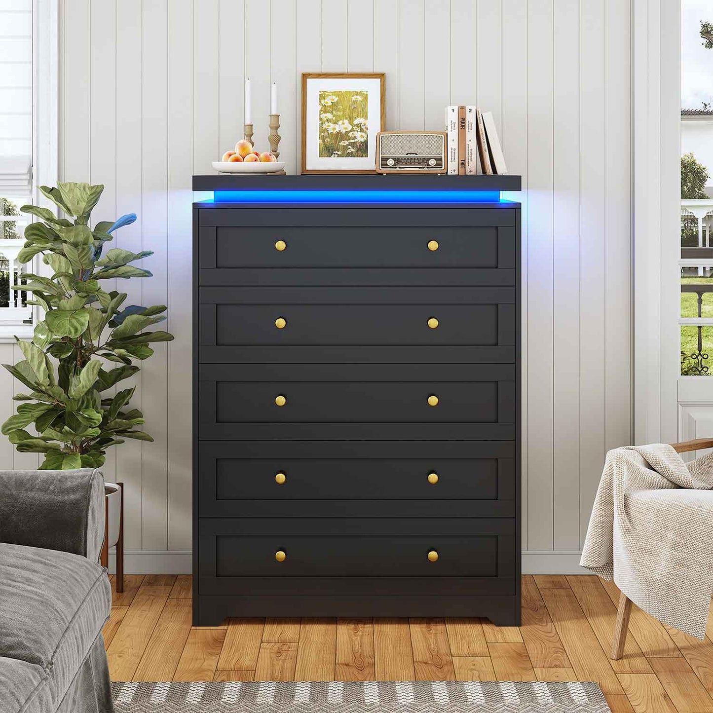 AOGLLATI Dresser Black / Engineered Wood / Modern AOGLLATI Black 5 Drawer Dresser with Led Lights