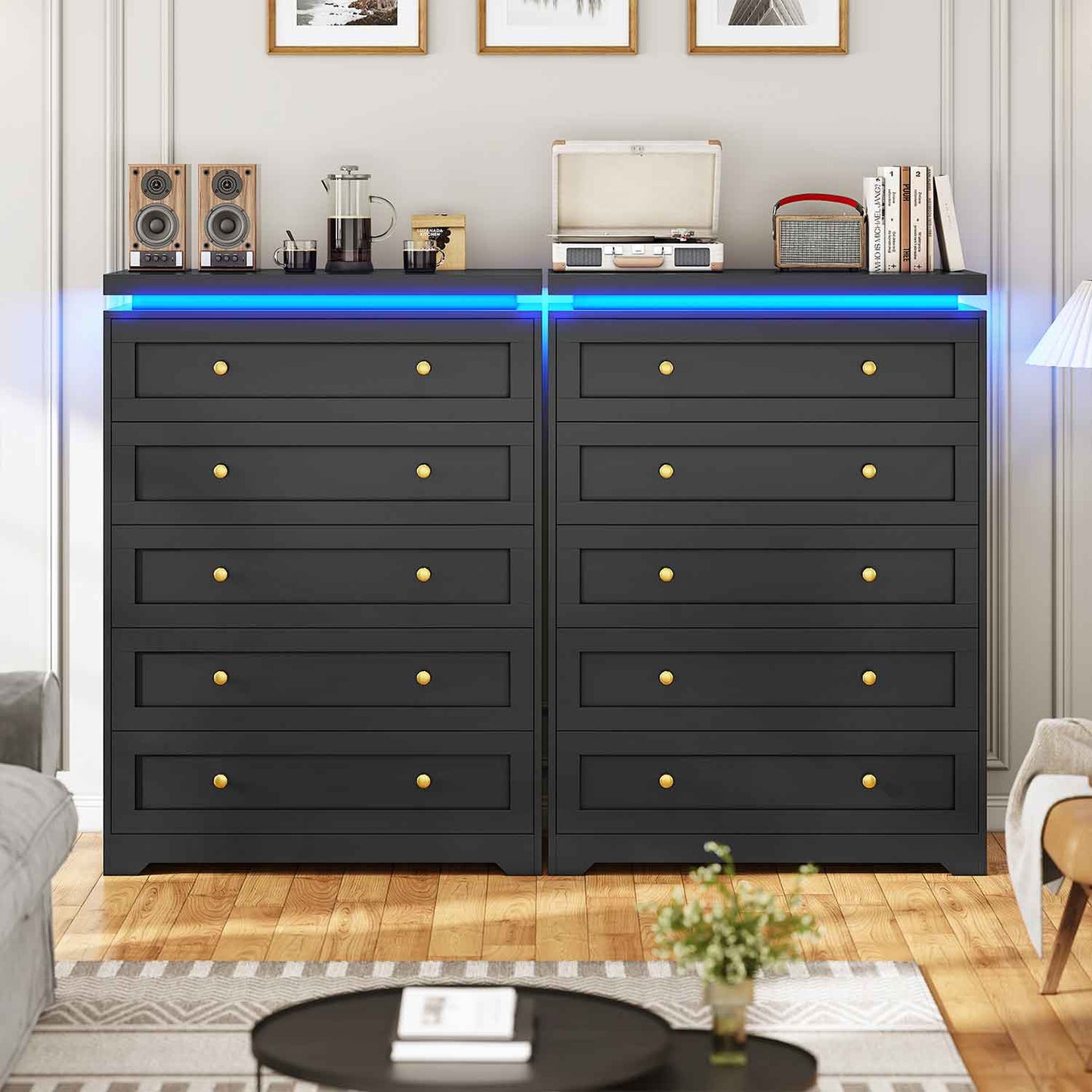 AOGLLATI Dresser Black / Engineered Wood / Modern AOGLLATI Black 5 Drawer Dresser with Led Lights