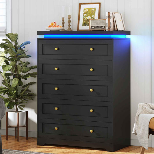 AOGLLATI Dresser Black / Engineered Wood / Modern AOGLLATI Black 5 Drawer Dresser with Led Lights