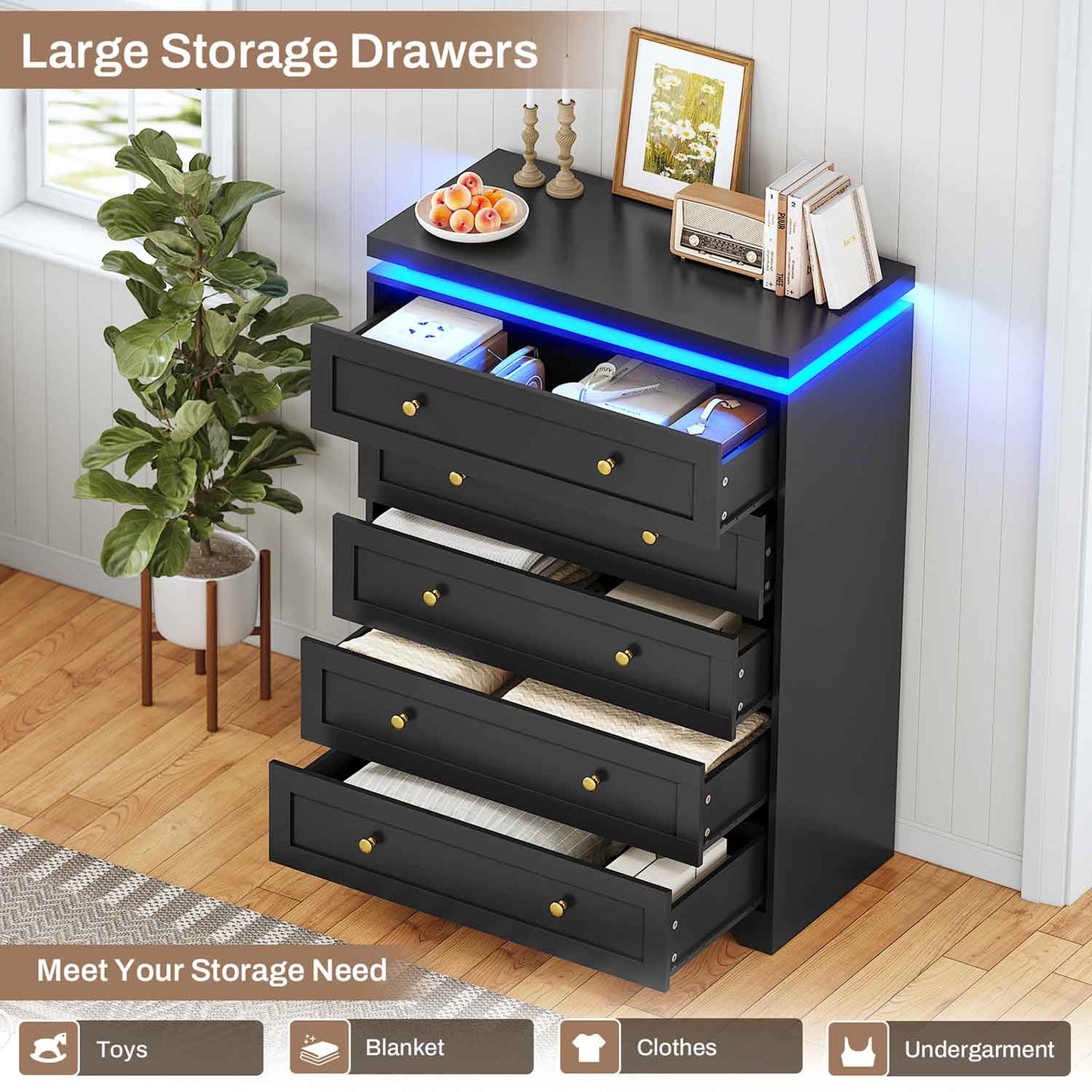 AOGLLATI Dresser Black / Engineered Wood / Modern AOGLLATI Black 5 Drawer Dresser with Led Lights