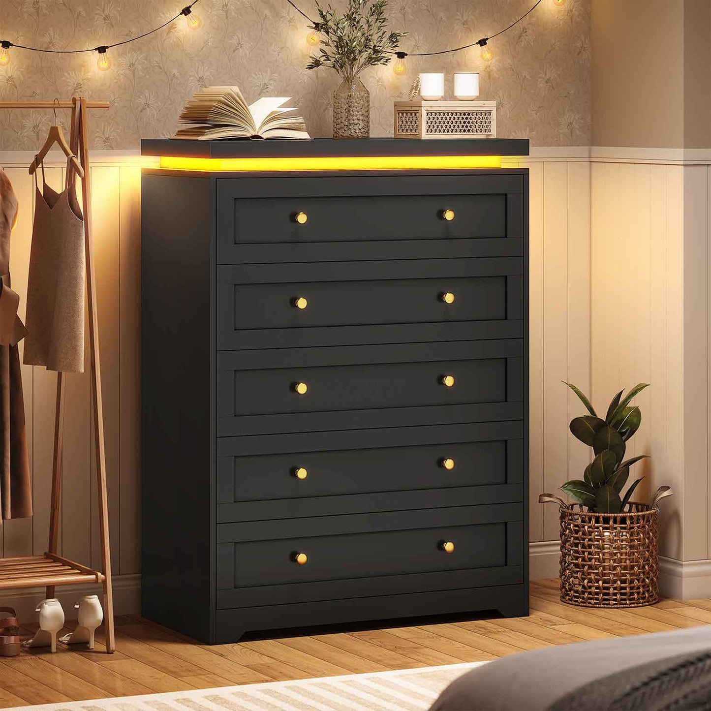 AOGLLATI Dresser Black / Engineered Wood / Modern AOGLLATI Black 5 Drawer Dresser with Led Lights