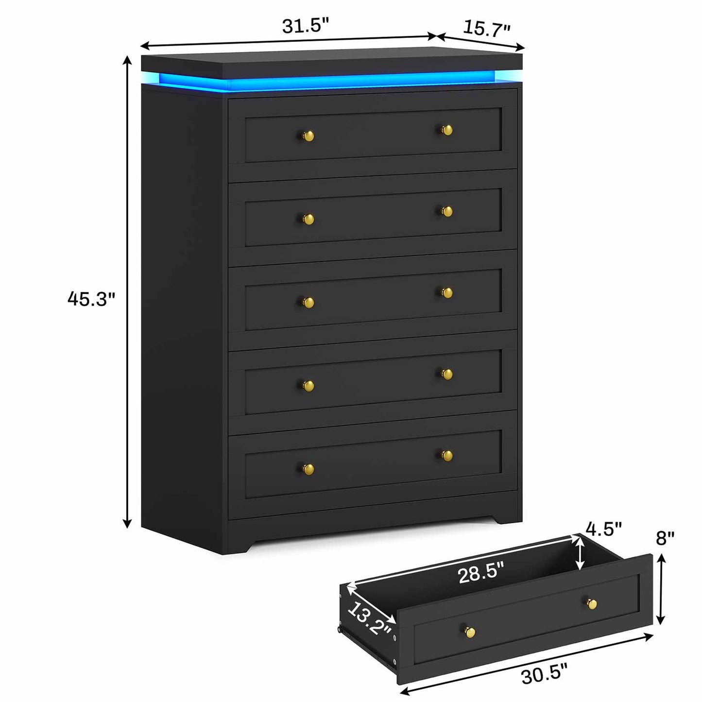 AOGLLATI Dresser Black / Engineered Wood / Modern AOGLLATI Black 5 Drawer Dresser with Led Lights