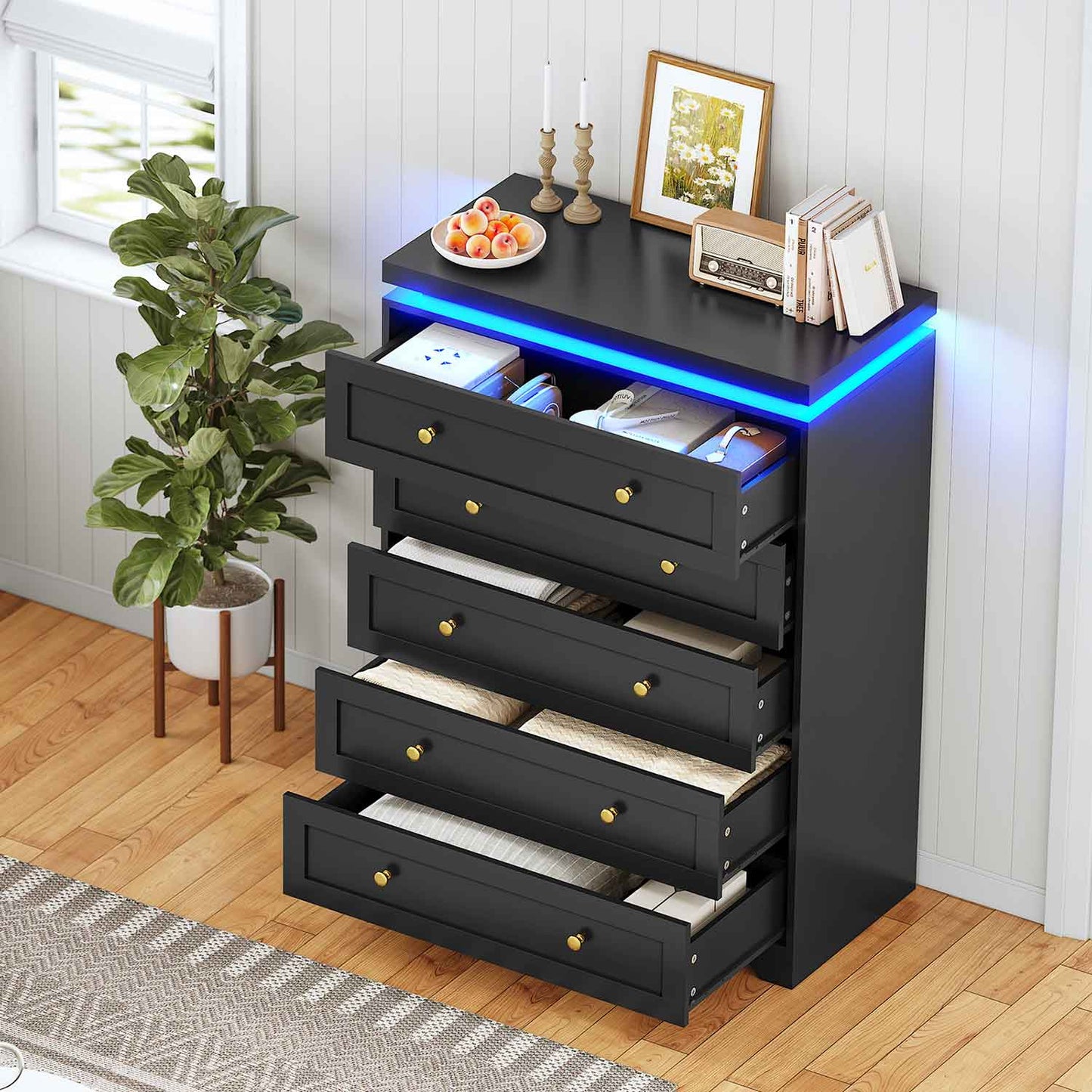 AOGLLATI Dresser Black / Engineered Wood / Modern AOGLLATI Black 5 Drawer Dresser with Led Lights