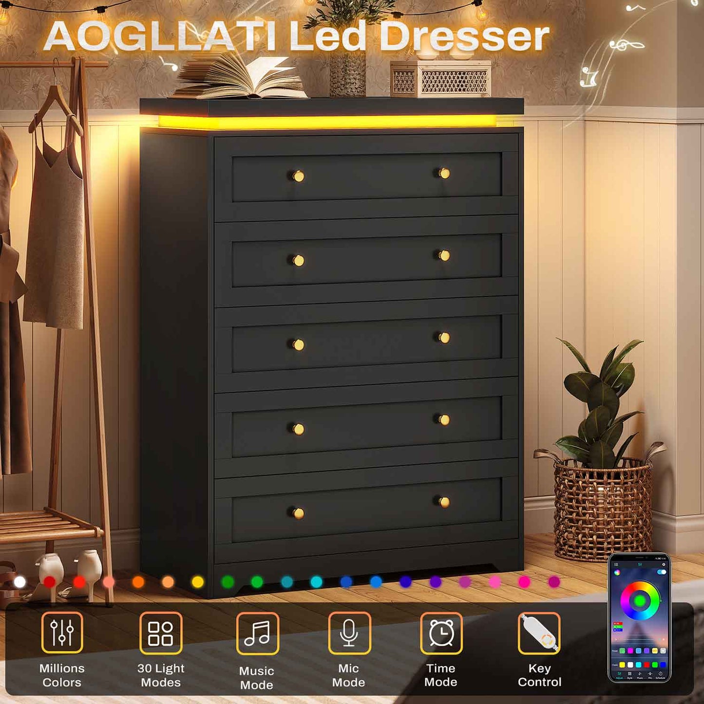 AOGLLATI Dresser Black / Engineered Wood / Modern AOGLLATI Black 5 Drawer Dresser with Led Lights