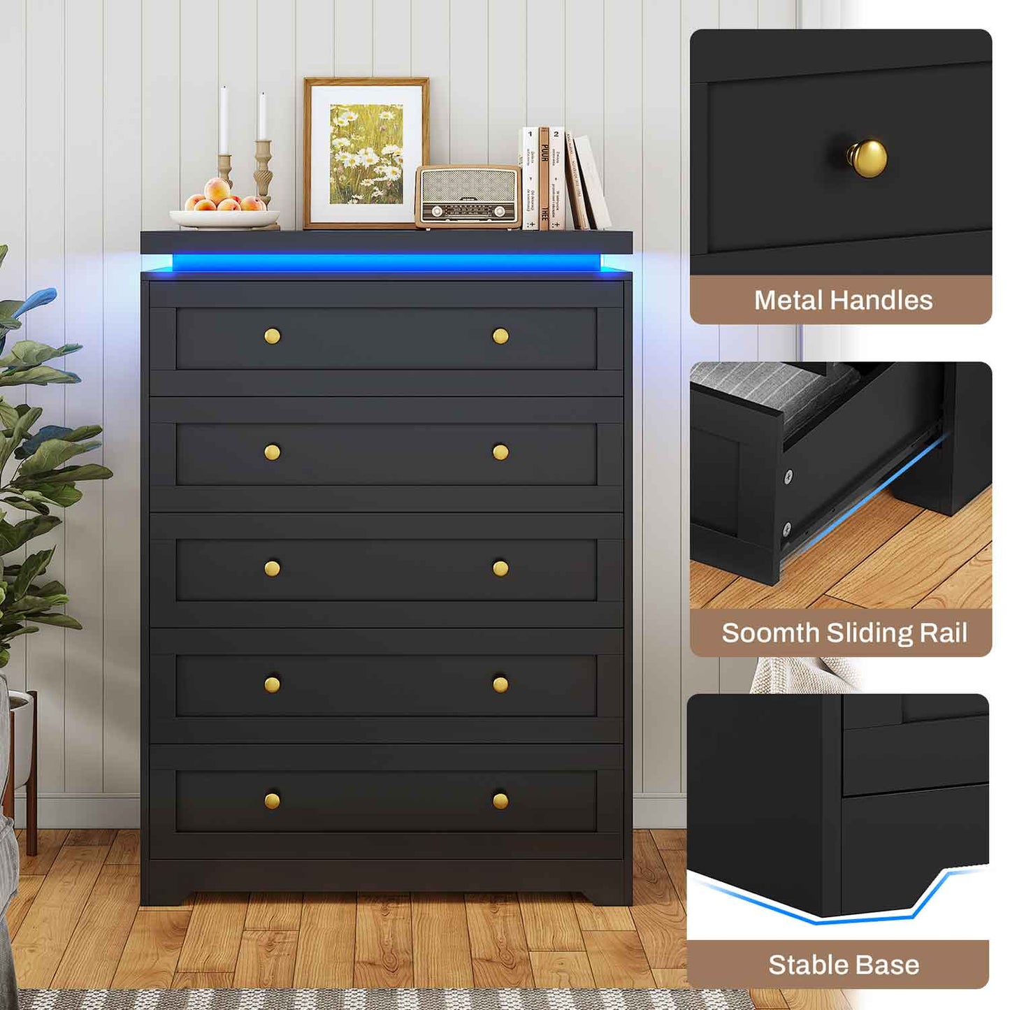 AOGLLATI Dresser Black / Engineered Wood / Modern AOGLLATI Black 5 Drawer Dresser with Led Lights