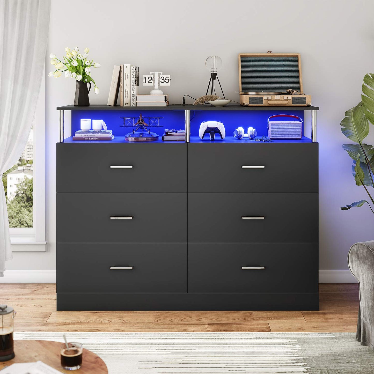 AOGLLATI Dresser Black / Engineered Wood / Modern AOGLLATI Dresser for Bedroom with 6 Drawers Black