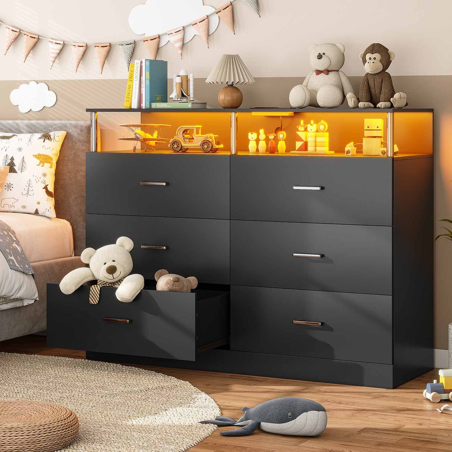 AOGLLATI Dresser Black / Engineered Wood / Modern AOGLLATI Dresser for Bedroom with 6 Drawers Black