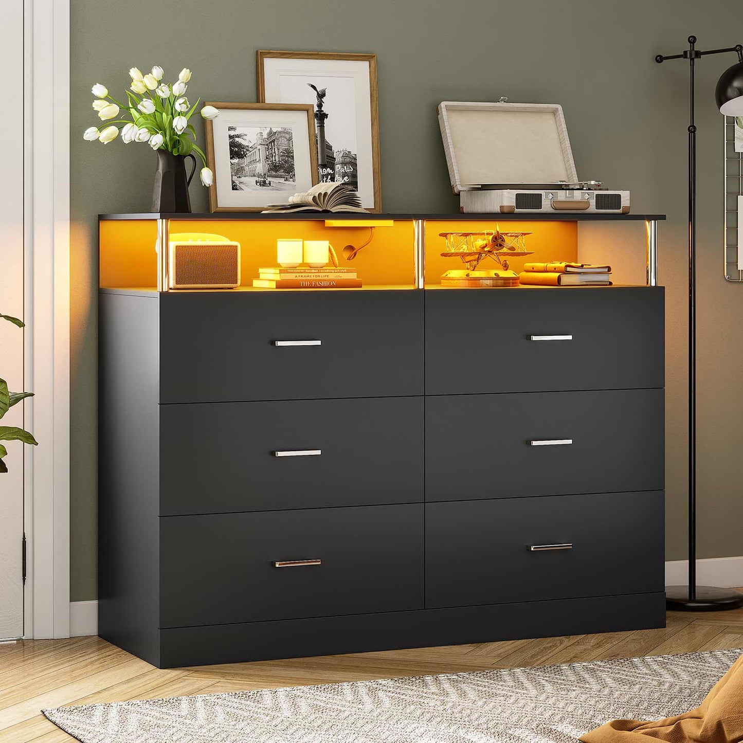 AOGLLATI Dresser Black / Engineered Wood / Modern AOGLLATI Dresser for Bedroom with 6 Drawers Black