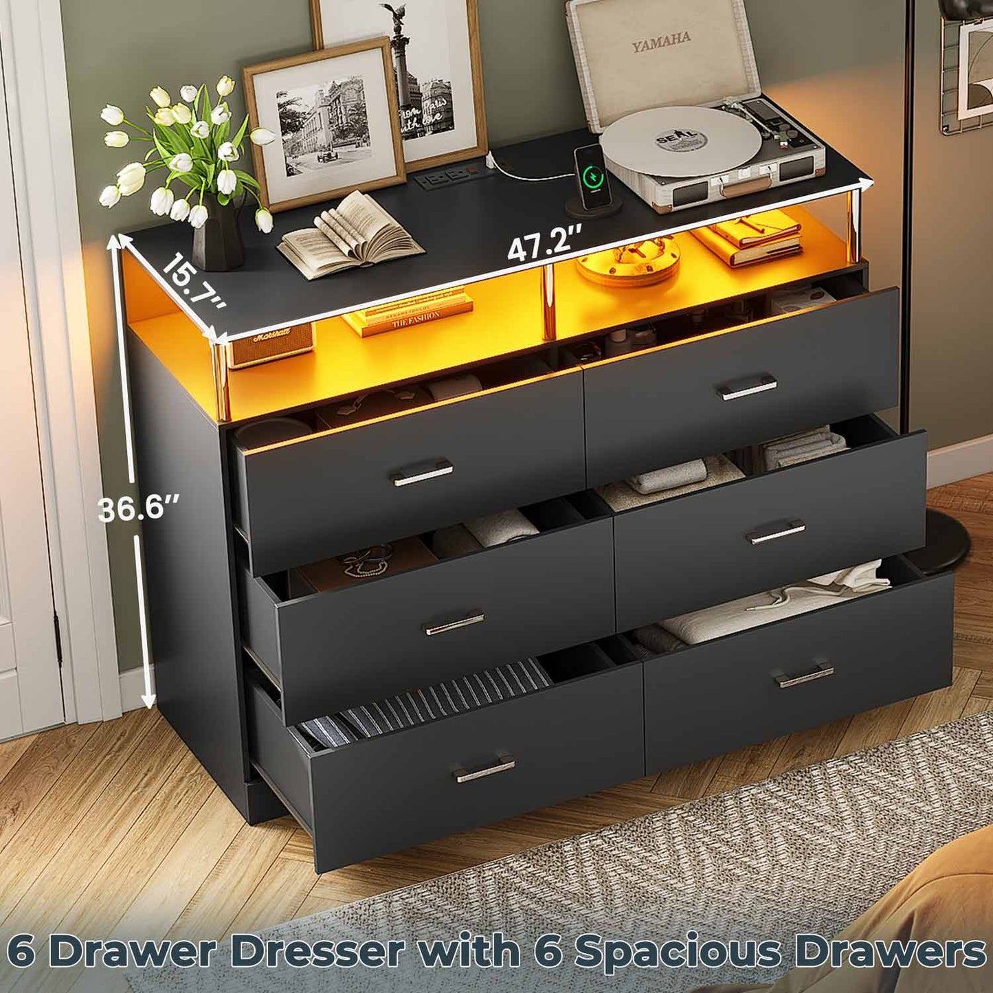 AOGLLATI Dresser Black / Engineered Wood / Modern AOGLLATI Dresser for Bedroom with 6 Drawers Black
