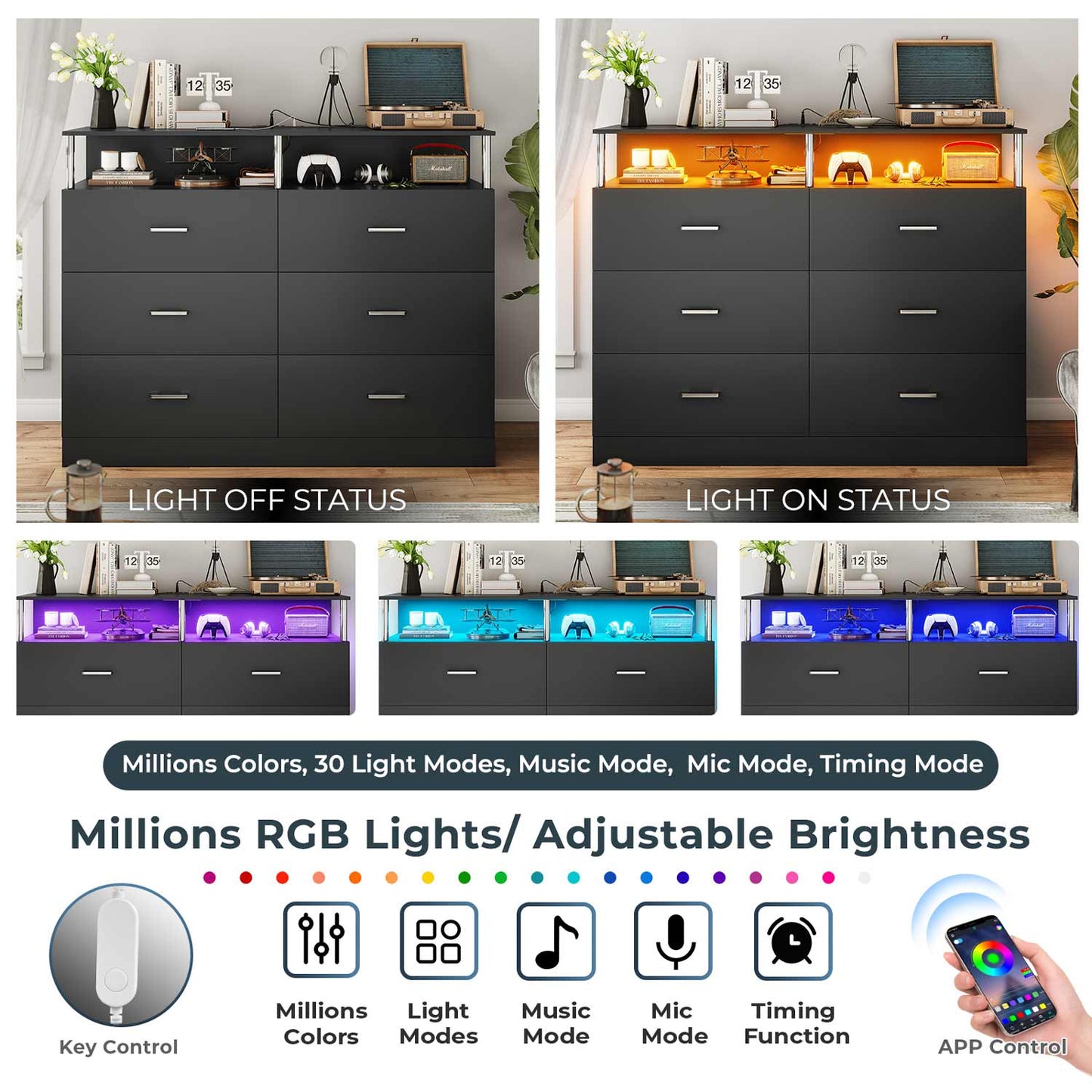 AOGLLATI Dresser Black / Engineered Wood / Modern AOGLLATI Dresser for Bedroom with 6 Drawers Black