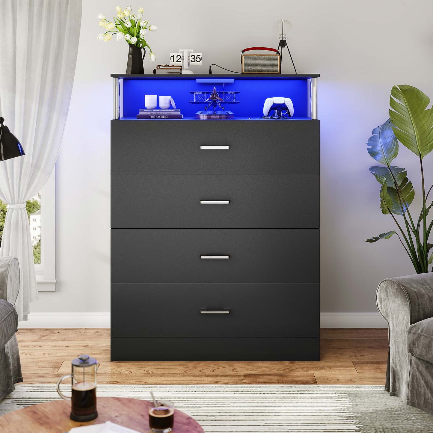 AOGLLATI Dresser Black / Engineered Wood / Modern AOGLLATI Dresser for Bedroom with Column Design Black