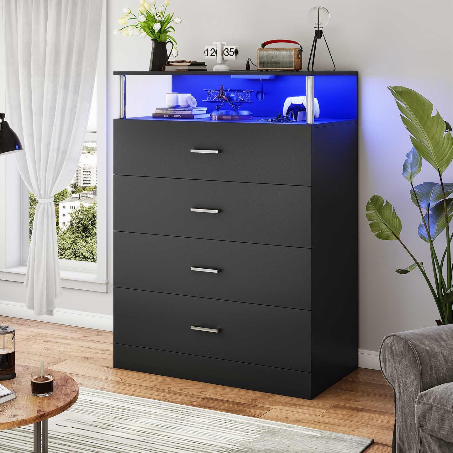 AOGLLATI Dresser Black / Engineered Wood / Modern AOGLLATI Dresser for Bedroom with Column Design Black