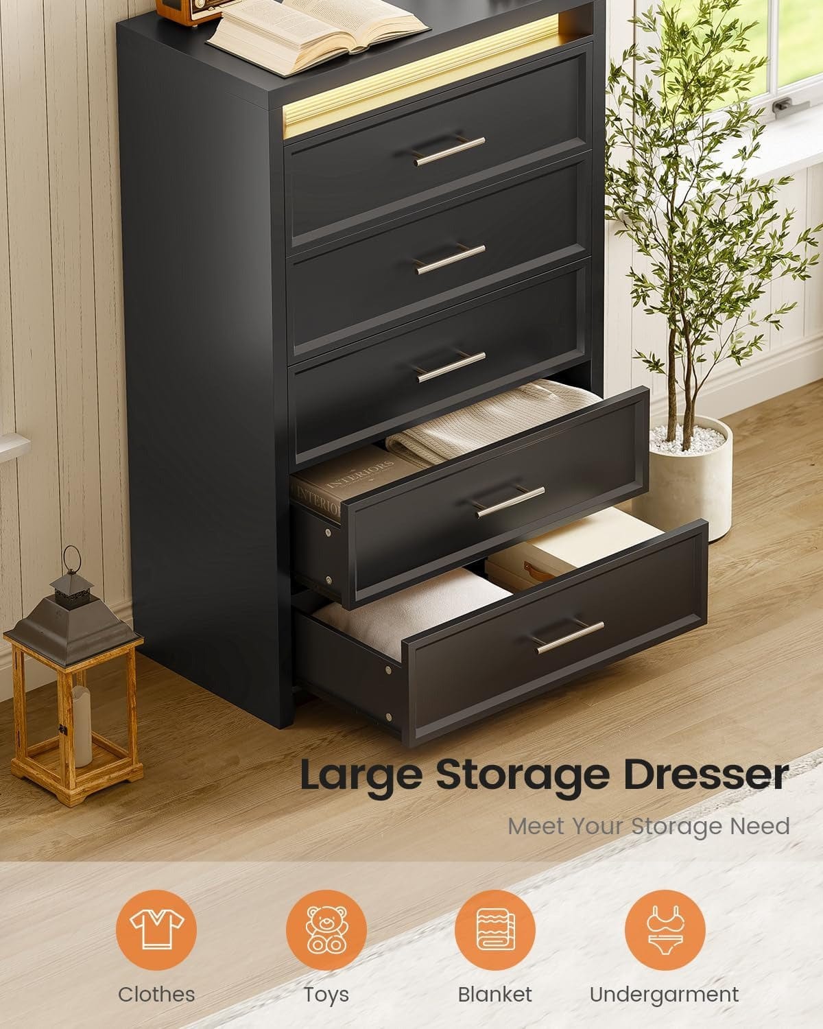 AOGLLATI Dresser Black / Engineered Wood / Modern Black Tall Dresser with Lightbox