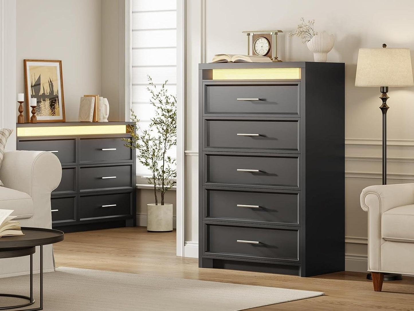 AOGLLATI Dresser Black / Engineered Wood / Modern Black Tall Dresser with Lightbox