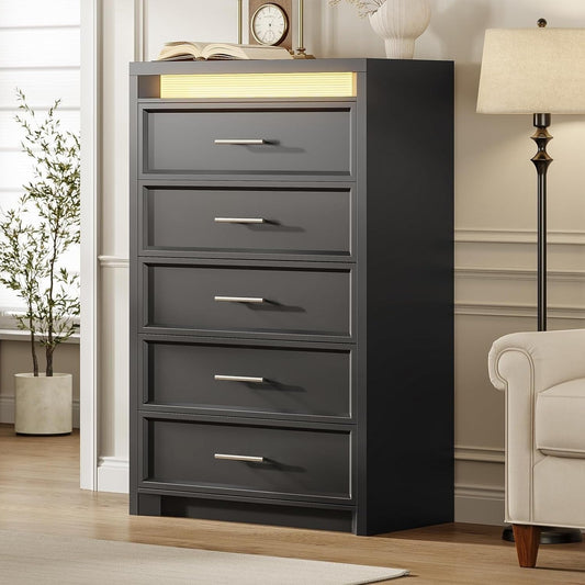 AOGLLATI Dresser Black / Engineered Wood / Modern Black Tall Dresser with Lightbox
