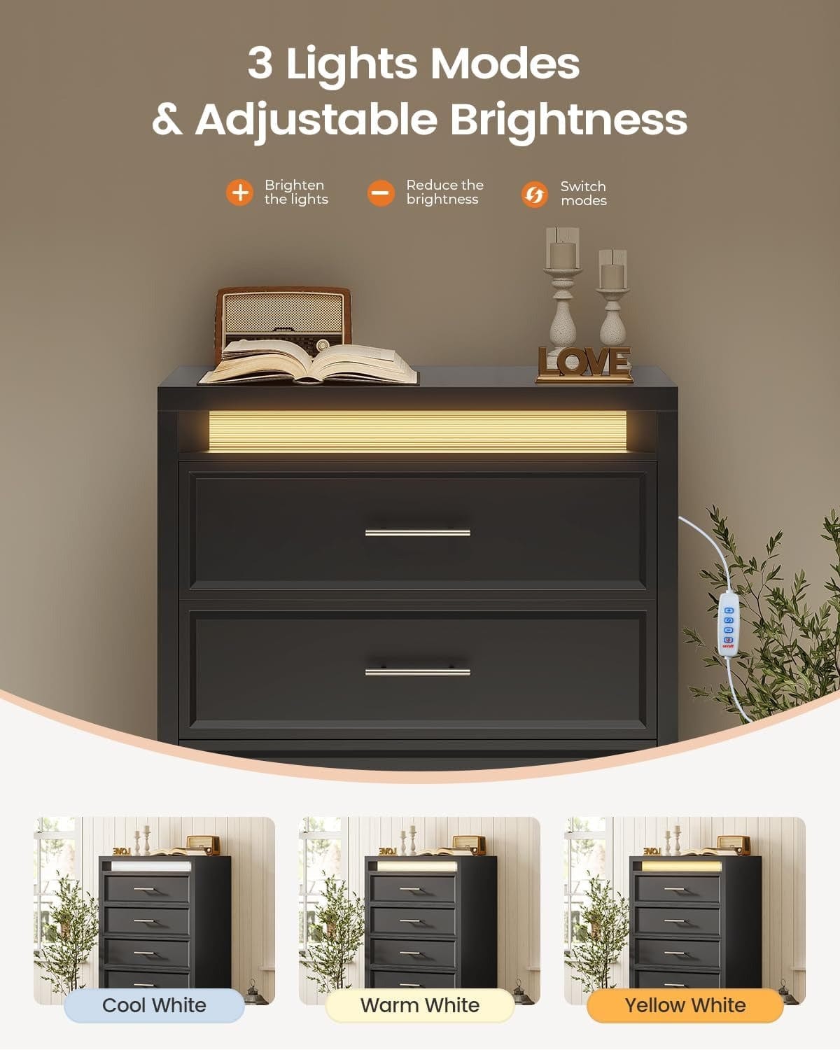 AOGLLATI Dresser Black / Engineered Wood / Modern Black Tall Dresser with Lightbox