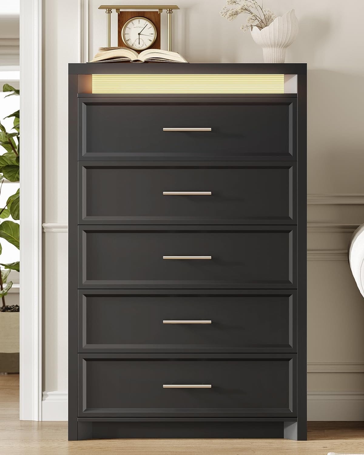 AOGLLATI Dresser Black / Engineered Wood / Modern Black Tall Dresser with Lightbox