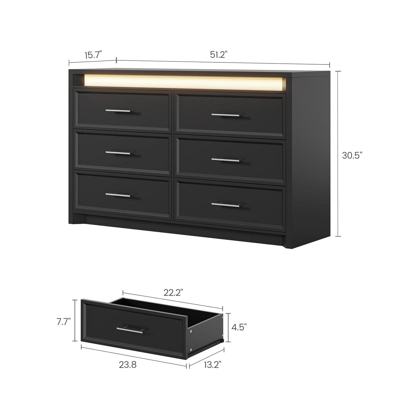 AOGLLATI Dresser Black / Engineered Wood / Modern Black Wide Dresser with Lightbox