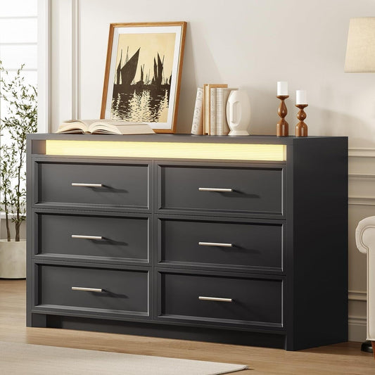 AOGLLATI Dresser Black / Engineered Wood / Modern Black Wide Dresser with Lightbox