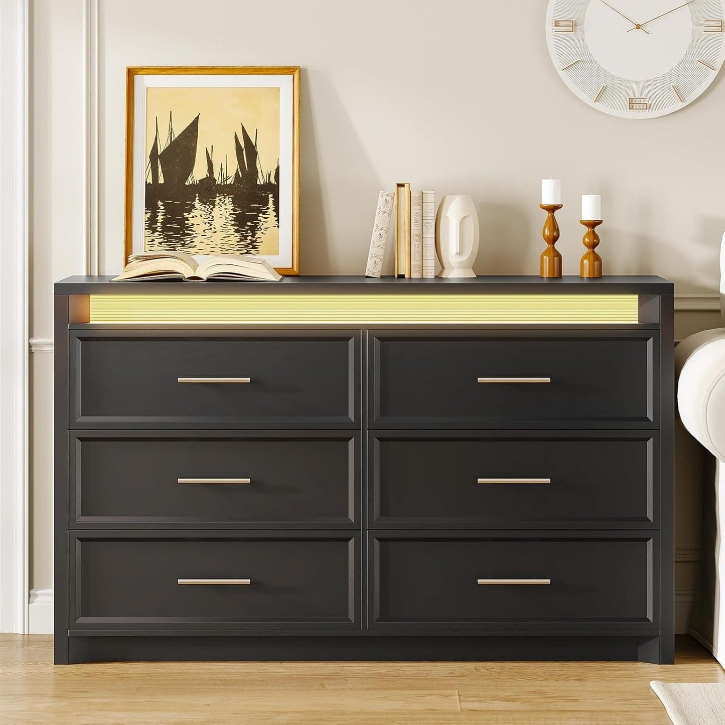 AOGLLATI Dresser Black / Engineered Wood / Modern Black Wide Dresser with Lightbox