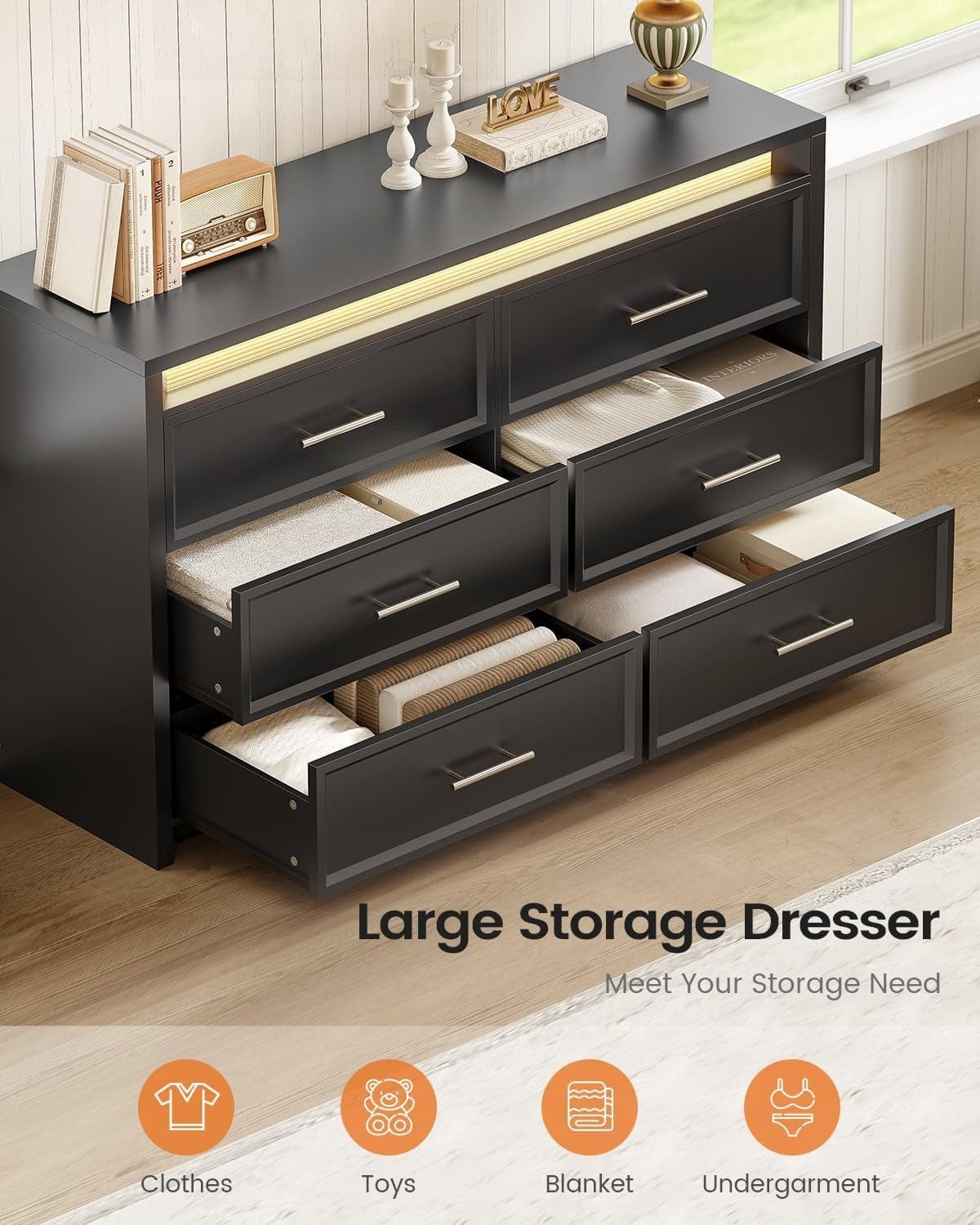 AOGLLATI Dresser Black / Engineered Wood / Modern Black Wide Dresser with Lightbox