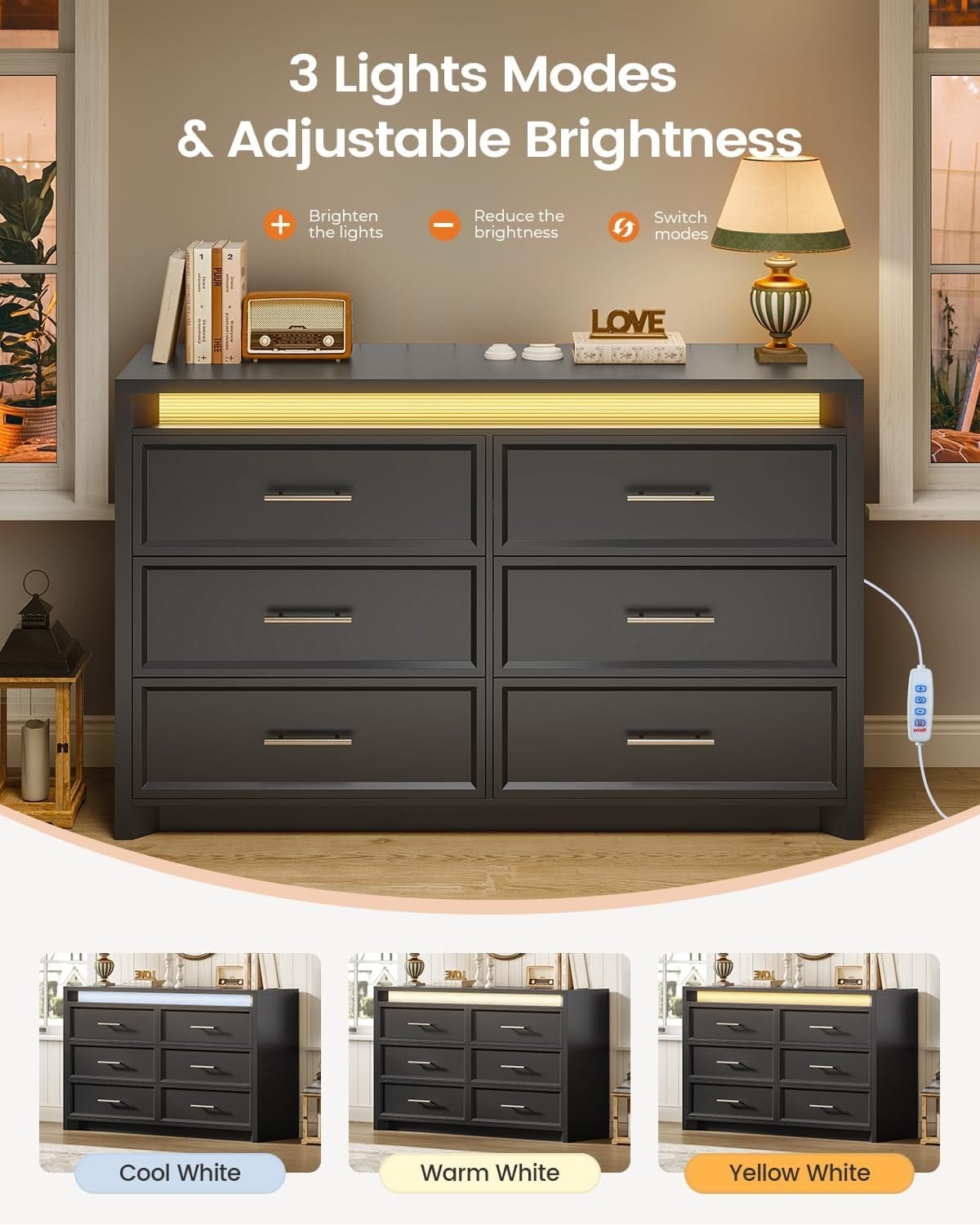 AOGLLATI Dresser Black / Engineered Wood / Modern Black Wide Dresser with Lightbox