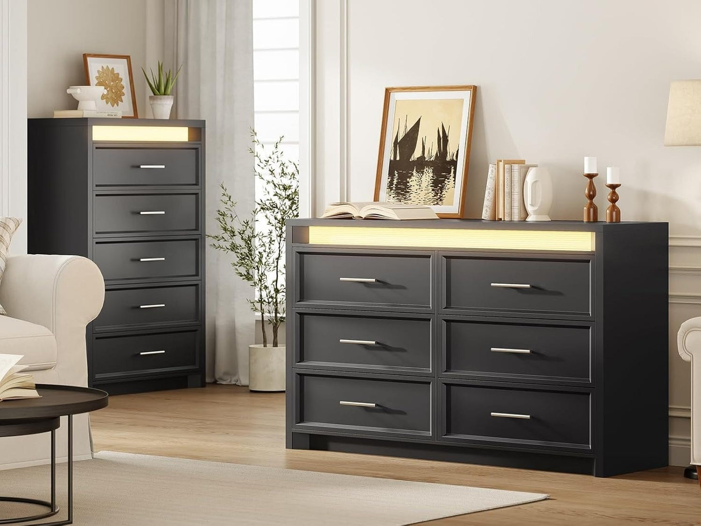 AOGLLATI Dresser Black / Engineered Wood / Modern Black Wide Dresser with Lightbox